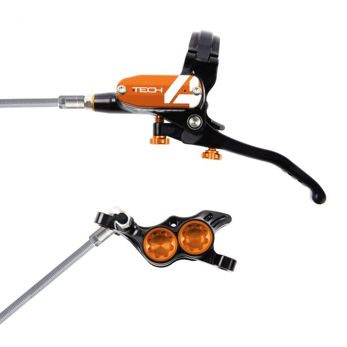 Hope Technology Tech 4 E4 Hydraulic Disc Brake - Black / OrangeFront Right HandBraided Hope Technology Tech 4 E4 Hydraulic Disc Brake - Black / OrangeFront Right HandBraided