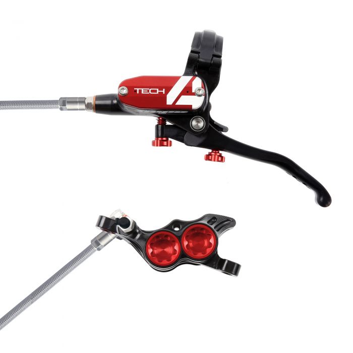 Hope Technology Tech 4 E4 Hydraulic Disc Brake - Black / RedFront Right HandBraided Hope Technology Tech 4 E4 Hydraulic Disc Brake - Black / RedFront Right HandBraided