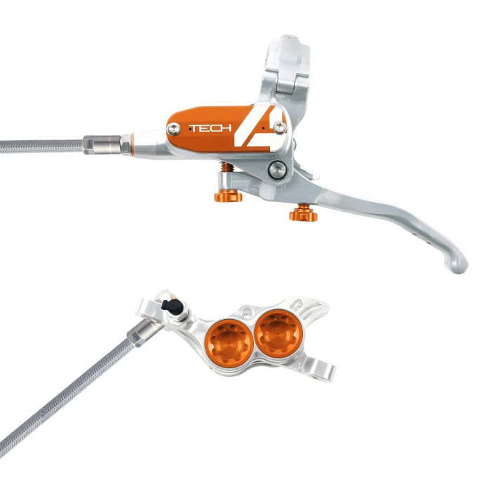 Hope Technology Tech 4 E4 Hydraulic Disc Brake - Silver / OrangeFront Right HandBraided Hope Technology Tech 4 E4 Hydraulic Disc Brake - Silver / OrangeFront Right HandBraided