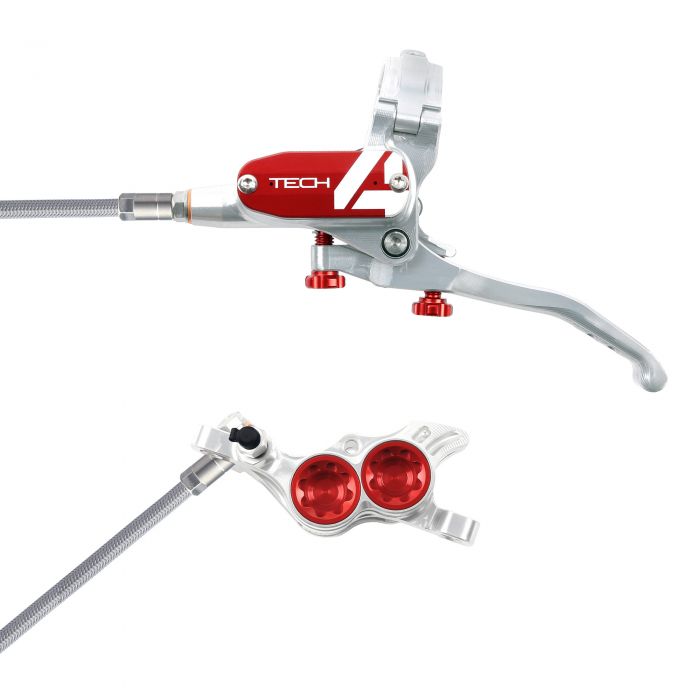 Hope Technology Tech 4 E4 Hydraulic Disc Brake - Silver / RedFront Right HandBraided Hope Technology Tech 4 E4 Hydraulic Disc Brake - Silver / RedFront Right HandBraided